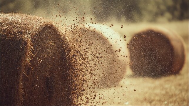 Traditional flail threshing sheaves, golden wheat splashing into dusty halo in sunlight, warm harvest pastoral