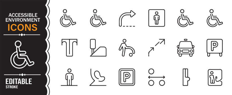 Accessible environment outline icon set with disability support and public access symbols vector
