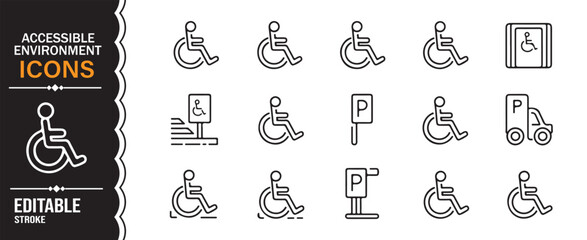Naklejka premium Inclusive accessibility line icons pack with parking elevator and mobility symbols vector