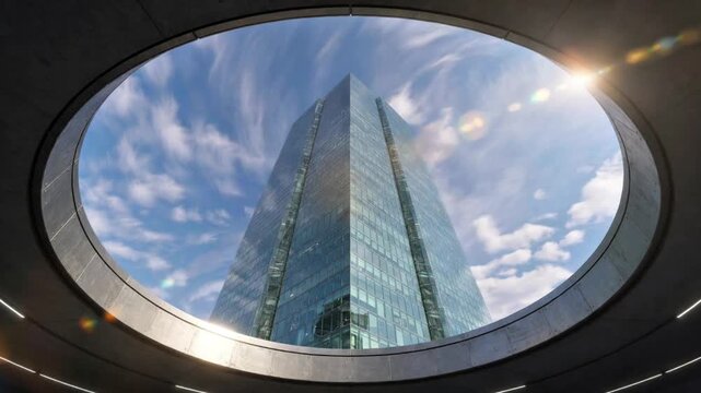Low Angle View of a Modern Glass Skyscraper Framed by a Circular Architectural Opening against a Bright Blue Sky
