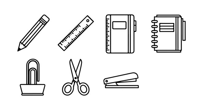 A set of office supplies icons including a pencil, ruler, notebook, and scissors in a minimalist design