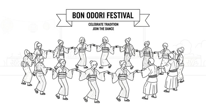 People dancing in a circle at the traditional Japanese Bon Odori festival.