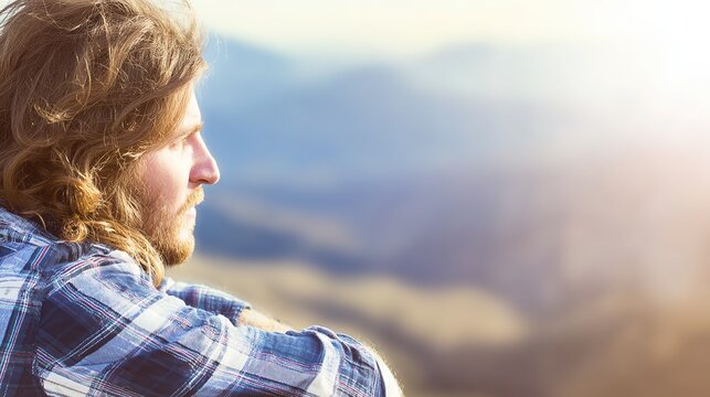 Casual vacationer appreciating wide scenery, upper body relaxed pose, natural sunlight blurred background, conveying travel freedom