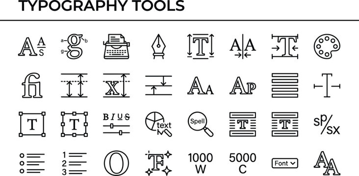 Typography tools icons collection for font formatting, text alignment, spacing, editing and graphic design interface
