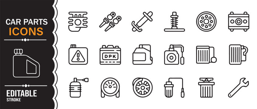 Automotive spare parts outline icon set with repair maintenance symbols vector