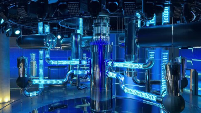 High-tech water-to-water power reactor featuring illuminated pipes and metallic structures in a futuristic environment with vibrant lighting