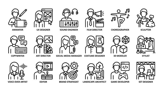 A collection of icons representing various creative professions and jobs in a clean, outline style.