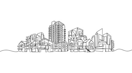 Fototapeta premium Modern Cityscape Line Drawing: Diverse Buildings and Architecture