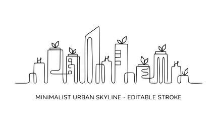 Fototapeta premium Minimalist continuous line drawing of a modern city skyline with plants on buildings