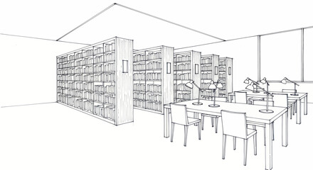 Detailed architectural sketch of a library interior with bookshelves and reading tables. © Dika