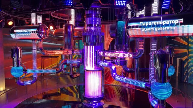 Colorful water-to-water power reactor model features illuminated pipes and vibrant displays, showcasing intricate design in a modern studio environment