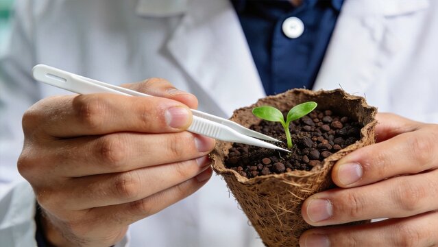 Scientist hands using tweezers to carefully tend a small green seedling in biodegradable pot, botany research, agriculture science, plant growth study, laboratory experiment,