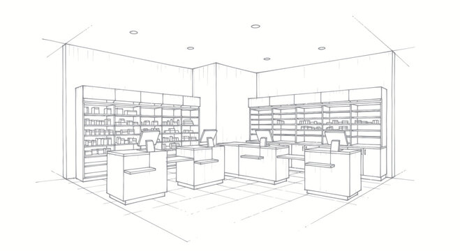 Detailed architectural sketch of a modern retail store interior design.
