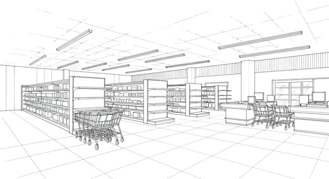 Detailed architectural sketch of a modern supermarket interior with aisles and shopping carts.