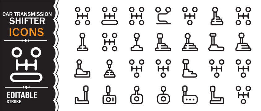 Automotive gear shift line icons pack with transmission pattern editable vector design