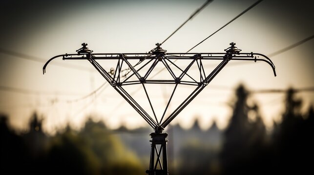 Diamond pantograph contacting overhead cable at platform, strong side light highlighting industrial mechanics