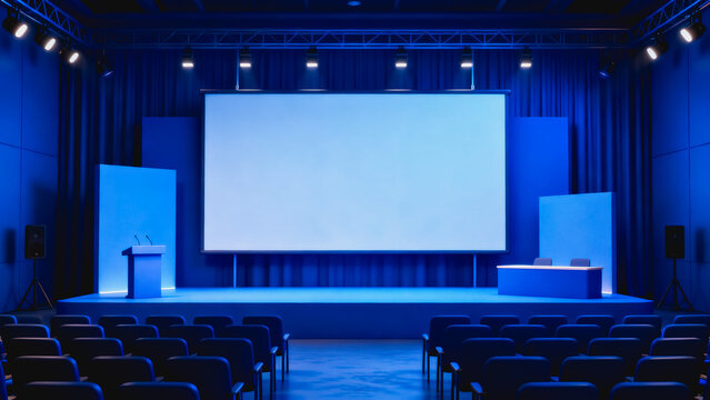 This is a modern indoor auditorium stage setup with a large blank projection screen, equipped with podium, speaker system and audience seats, ready for meetings or presentations.