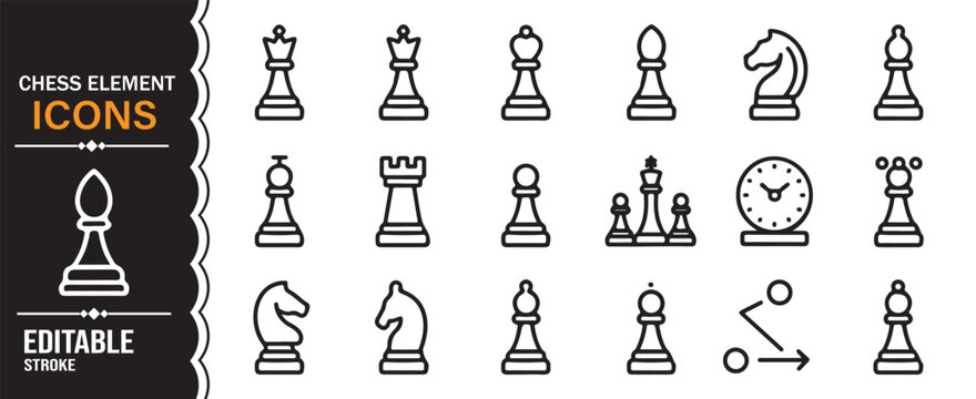 Editable chess element outline icon set with board pieces and strategy game symbols vector