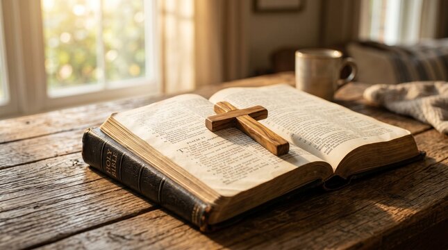 Wooden Cross on Open Holy Bible in Cozy Home Interior with Soft Sunlight 부드러운 햇살이 비치는 아늑한 실내에서 펼쳐진 성경책 위의 나무 십자가