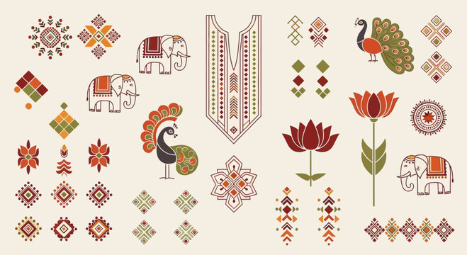 Set of Traditional Indian Decorative Elements with Elephants Peacocks and Lotus Flowers.