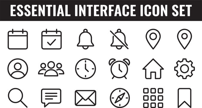 Essential interface icon set featuring thin line symbols for web navigation, mobile applications, and digital user dashboards