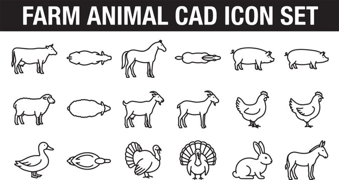 Farm animal icon set featuring side and top views of livestock for architectural plans and design projects