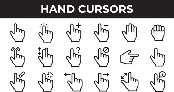 Hand cursor icon set with various gestures and touch interactions for web design and user interface development