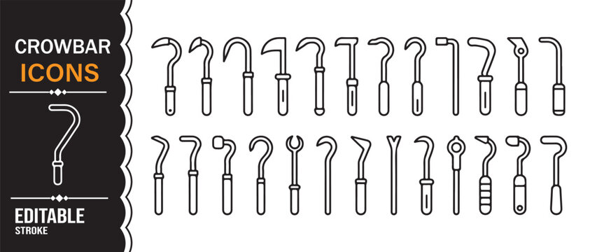 Editable crowbar outline icon set with pry bar demolition tool symbols vector collection