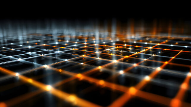 Glowing network grid with illuminated nodes and warm orange and cool blue light beams creating abstract futuristic depth and dynamic energy