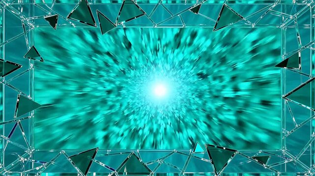 Modern abstract composition with floating cyan triangle fragments around a frame