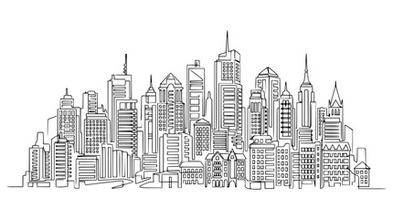 Fototapeta premium Continuous line drawing of a city skyline with skyscrapers, urban landscape, sketch style