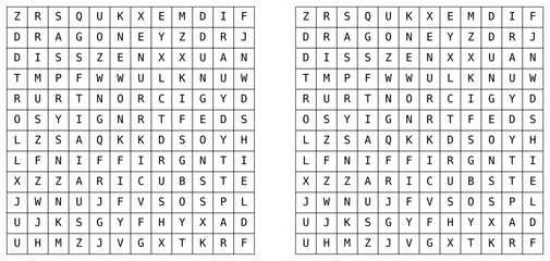Word search puzzle with letter grid and highlighted solution. Educational vocabulary game for brain training, language learning, and printable worksheets. Vector illustration series © Alex