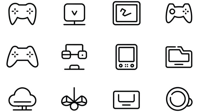 Black and white line icons of various technology and gaming devices on white background