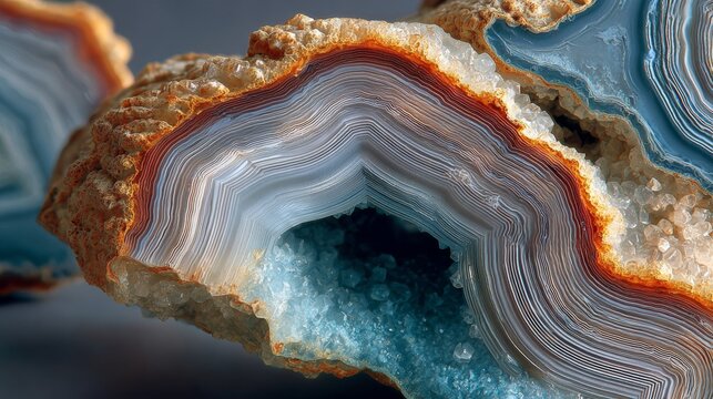 Cross-section of a stunning agate geode showcasing intricate banded layers and sparkling blue crystals within.