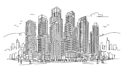 Naklejka premium Modern City Skyline Sketch: Tall Buildings, Urban Landscape, Architecture Drawing