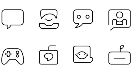 Black line icons for communication gaming and technology on white background © Asma 