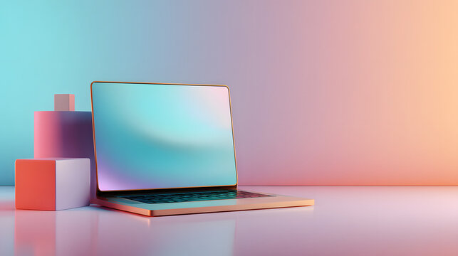 Open laptop with blank screen on pastel tabletop next to geometric shapes in soft gradient lighting conveying modern creative workspace mood