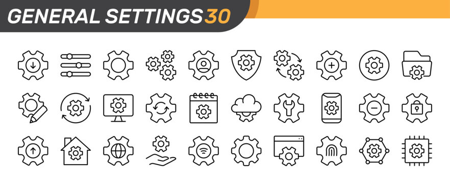 General Settings thin line icon set. Configuration, Setup, Customization, System Control, User Interface concept. Black outline vector gear icons collection.