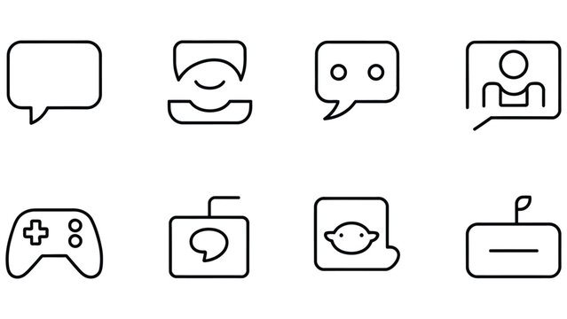 Black line icons for communication gaming and technology on white background