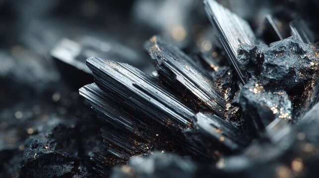 Macro view of black tourmaline crystals with golden flecks, geological texture, dark background