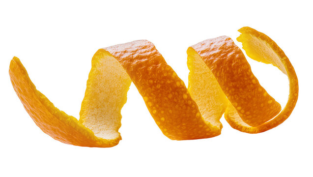 Orange peel spiral twist textured zest, isolated on transparent background