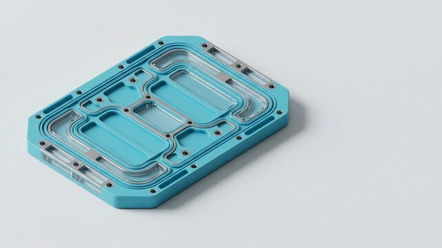 Blue gasket plate with silver metal inserts on light background with copy space