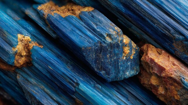Macro shot of raw blue kyanite crystals with earthy inclusions