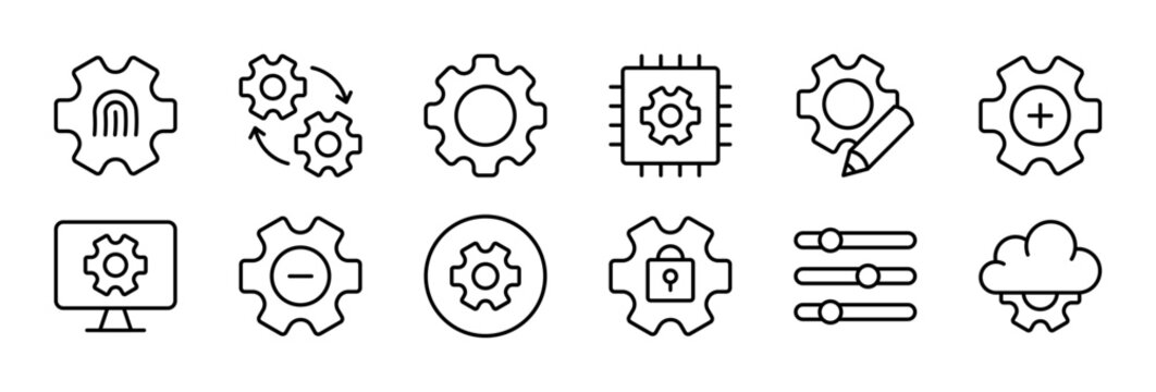 General Settings thin line icon set. Configuration, Setup, Customization, System Control, User Interface concept. Black outline vector gear icons collection.
