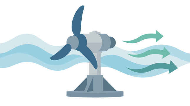 Wind turbine on pedestal with stylized wind.