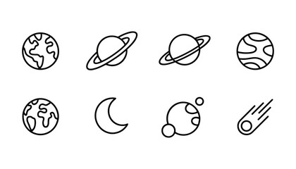 Celestial bodies and a comet in a minimalist line art style against a white background © MdAtaur