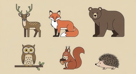 Fototapeta premium Set of Flat Design Forest Animal Icons Including Deer, Fox, Bear, Owl, Squirrel, and Hedge