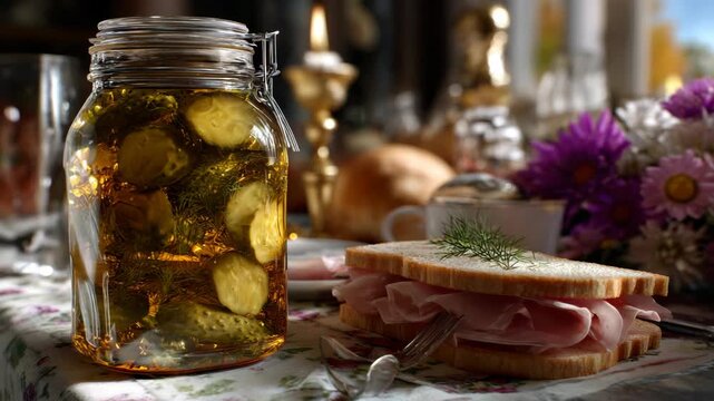 Glass jar of pickled cucumbers and sandwich on table