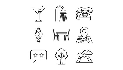 Collection of nine diverse line art icons for travel hospitality and leisure themes © MdAtaur