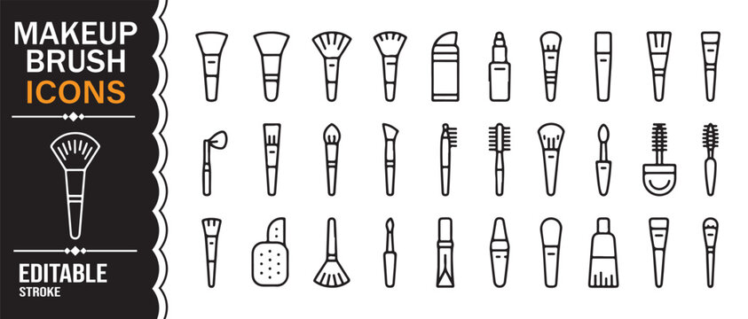 Minimal cosmetic brush line icons pack for powder blush eyeliner and beauty design vector